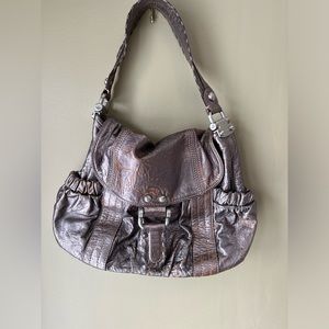 B. Makowsky Leather Metallic Silver Slouchy Handbag Purse